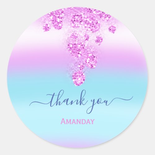 Pink Ocean Blue Thank Name Bridal Sweet16th Floral Classic Round Sticker