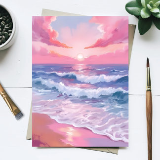 Pink Ocean Shore Beach Painting Postcard