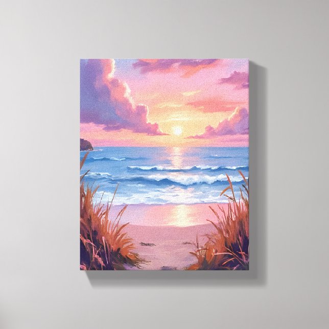 Pink Ocean Sunset Beach Watercolor Painting Canvas Print (Front)