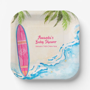 Pink Ocean Surf Plam Tree Beach Baby Shower Paper Plates