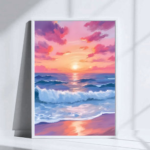 Pink Ocean Waves Sunset Watercolor Poster
