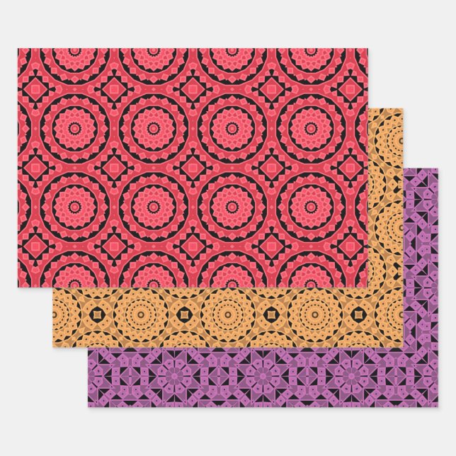 Pink Ochre Purple Cool Moroccan Mosaic Patterns Wrapping Paper Sheets (Set)