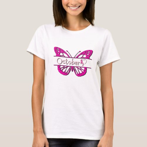 Pink October Butterfly breast cancer month white  T_Shirt