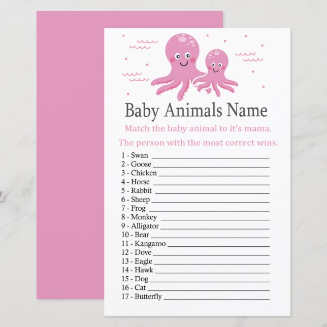 Pink Octopus Baby Animals Name Game (Front/Back)