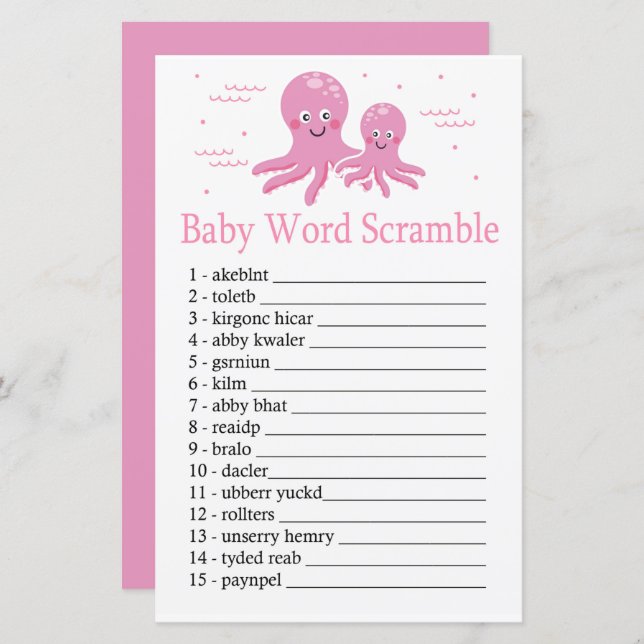 Pink Octopus Baby word scramble game (Front/Back)