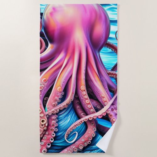 Pink Octopus Blue Ocean Wave Background Beach Towel