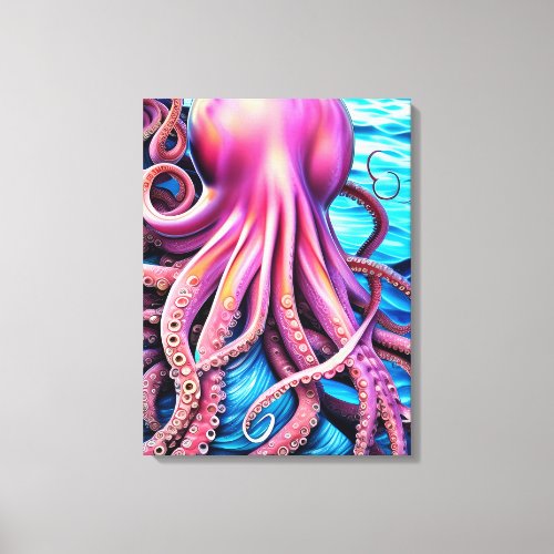 Pink Octopus Blue Ocean Wave Background Canvas Print