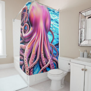 Pink Octopus Blue Ocean Wave Background Shower Curtain