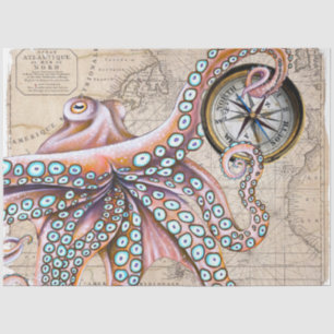 Pink Octopus Kraken Vintage Map Compass Tissue Paper