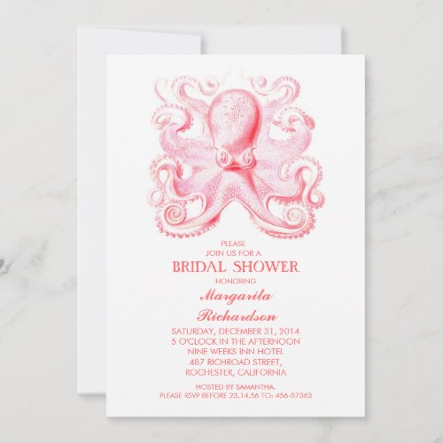 pink octopus nautical beach bridal shower invitation