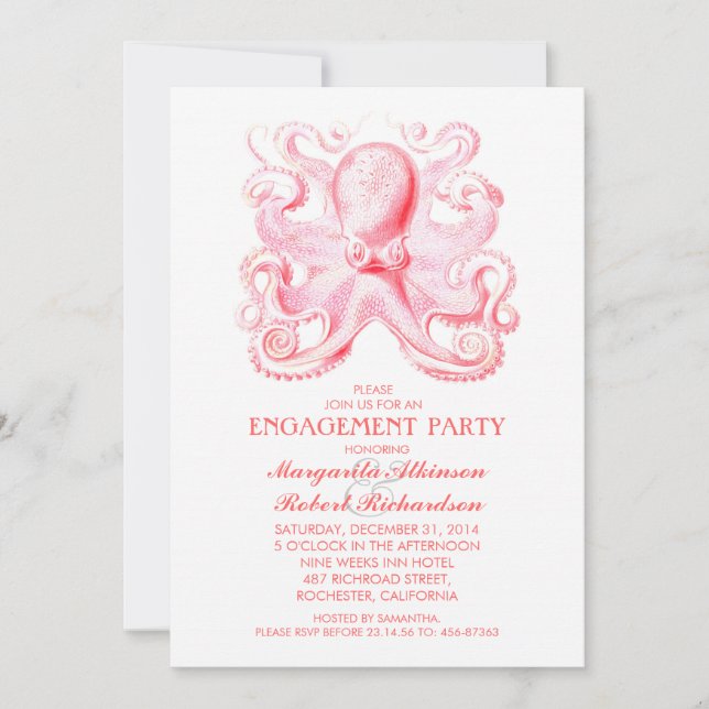 pink octopus nautical beach engagement party invitation (Front)
