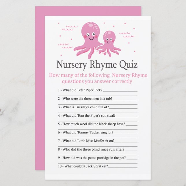 Pink Octopus Nursery Rhyme Quiz baby shower game (Front/Back)