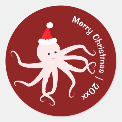 Pink Octopus Santa Merry Christmas Classic Round Sticker