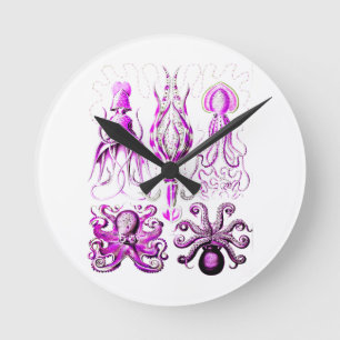 Pink octopus sealife ocean nautical beach art round clock