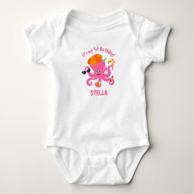 Pink octopus summer baby girl Birthday Party Bodysuit (Front)
