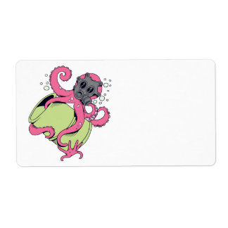 pink octopus wearing gas mask label