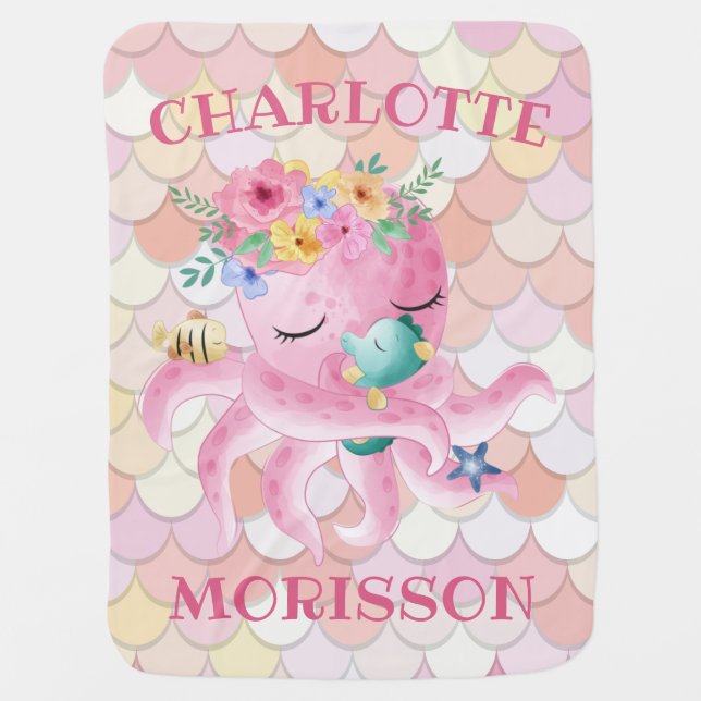 Pink Octopus, Yellow and Pink Scale Pattern Custom Baby Blanket (Front)