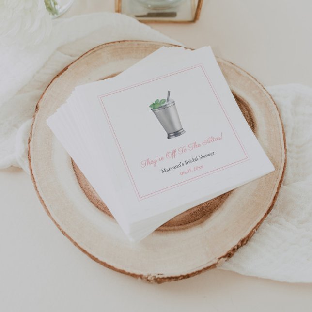 Pink Off To The Altar Mint Julep Bridal Shower Napkins (They're off to the altar mint julep napkin design with pink accents)