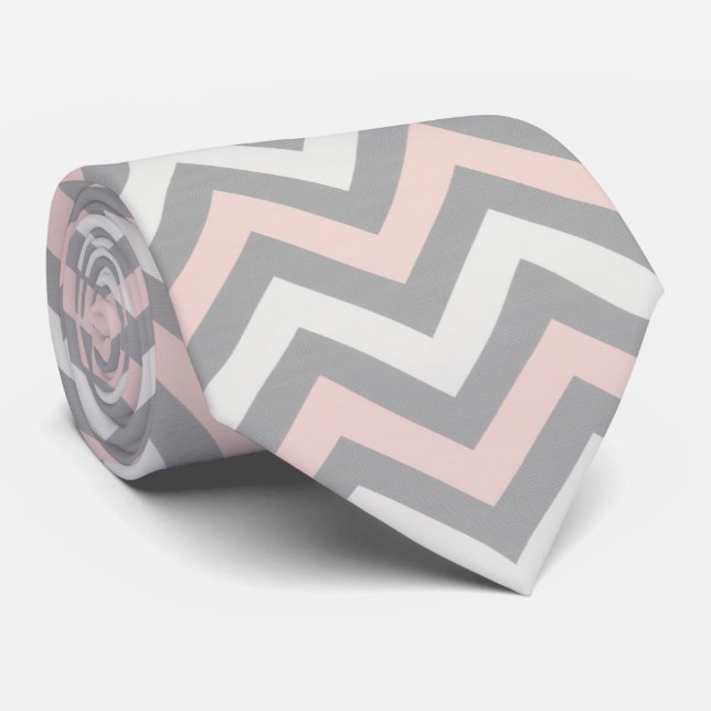 Pink, off-white and light grey chevron  neck tie (Rolled)