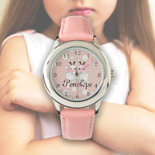 Pink Off-White Ribbon Cute Twin Bunny Kids Name Watch