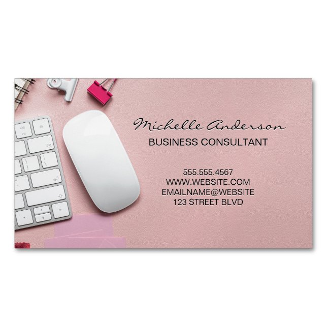 Pink Office Space Background Business Card Magnet (Front)