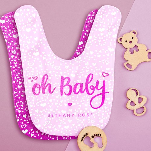 Pink Oh Baby Girl Script Hearts Keepsake Name Baby Bib