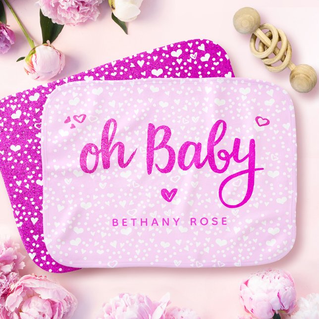 Pink Oh Baby Girl Script Hearts Name Reversible Baby Burp Cloth (Creator Uploaded)