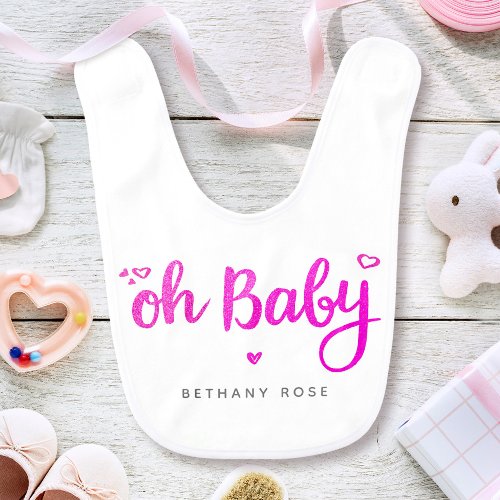 Pink Oh Baby Girl Script Name Hearts Reversible Baby Bib