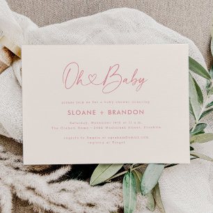 Pink Oh Baby Heart Calligraphy Simple Baby Shower Invitation