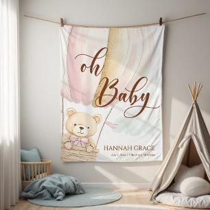 Pink Oh Baby Script Bear in Hot Air Balloon Baby Blanket