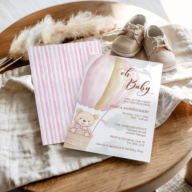 Pink Oh Baby Script Bear in Hot Air Balloon Shower Invitation (Creator Uploaded)