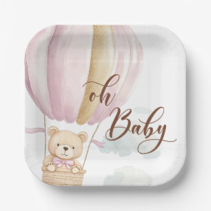 Pink Oh Baby Script Bear in Hot Air Balloon Shower Paper Plates