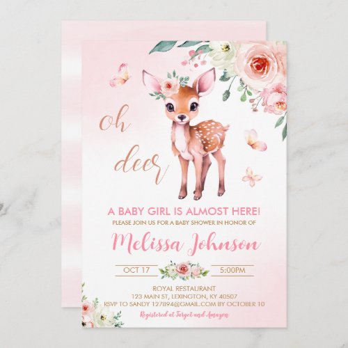 Pink Oh Deer Greenery Baby Shower Invitation