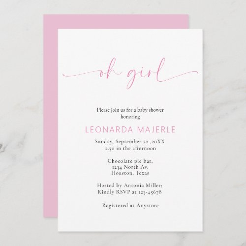 Pink Oh girl  Baby Shower Invitation