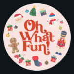 Pink Oh What Fun Christmas Birthday Dessert Favors Classic Round Sticker<br><div class="desc">Oh What Fun! This pink Christmas collection is the perfect way to celebrate your little one's birthday in style during the magical holiday season! This printable template package is designed to make your child's winter birthday party unforgettable.</div>