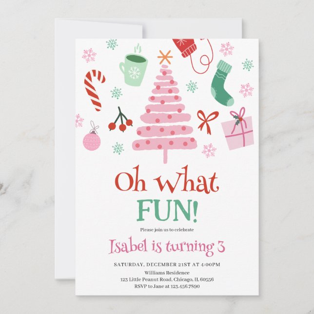 Pink Oh What Fun Christmas Birthday Party Invitation (Front)