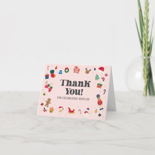 Pink Oh What Fun Christmas thank you card birthday