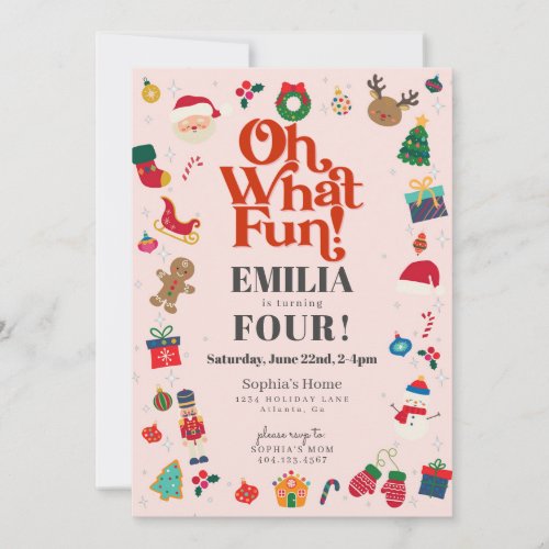 Pink Oh What Fun Christmas Winter Birthday Party Invitation