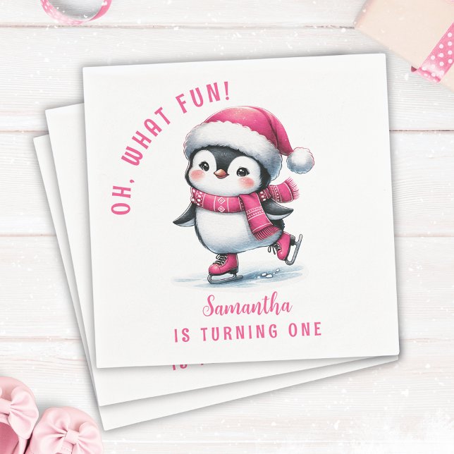 Pink Oh What Fun Cute Penguin Girl 1st Birthday Napkins (Creator Uploaded)