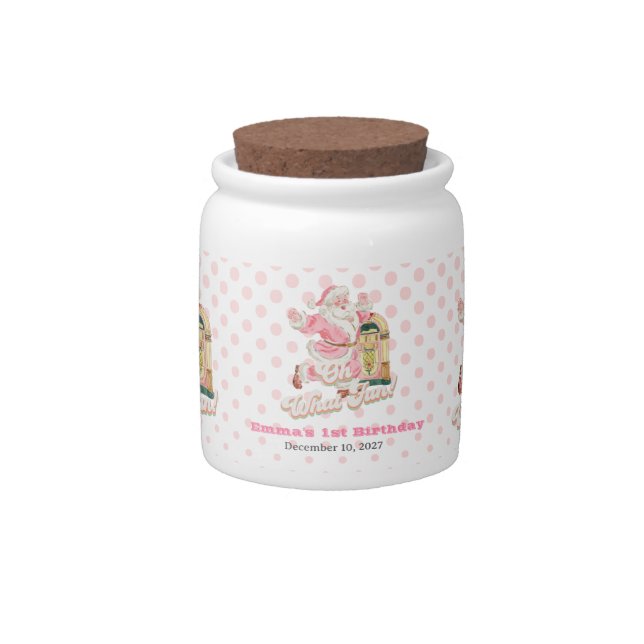 Pink Oh What Fun-Retro Santa Claus Themed Birthday Candy Jar (Front)