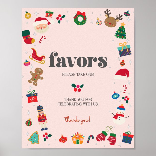 Pink Oh What Fun Winter Christmas Favors Sign (Front)