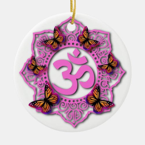 Pink ohm mandala design with Monarch butterflies Ceramic Ornament