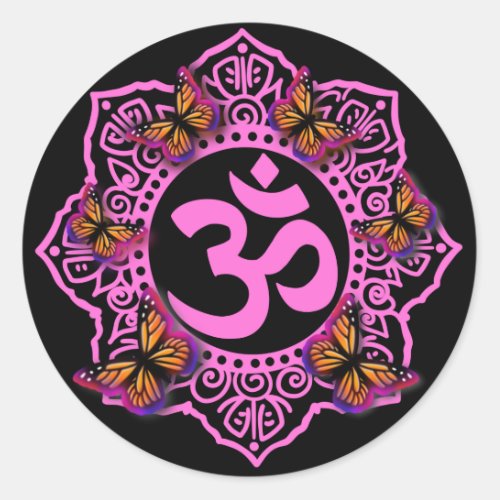 Pink ohm mandala design with Monarch butterflies Classic Round Sticker