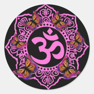 Pink ohm mandala design with Monarch butterflies Classic Round Sticker