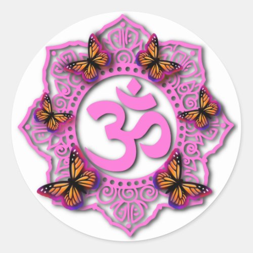 Pink ohm mandala design with Monarch butterflies Classic Round Sticker