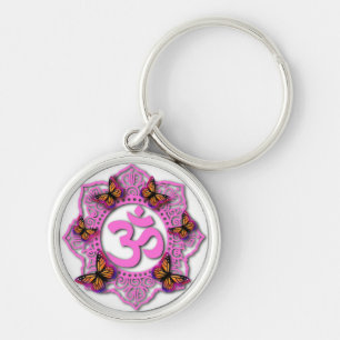 Pink ohm mandala design with Monarch butterflies Keychain