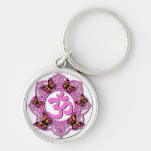Pink ohm mandala design with Monarch butterflies Keychain