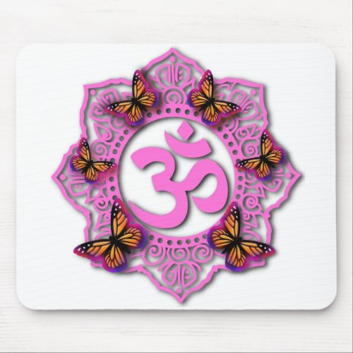 Pink ohm mandala design with Monarch butterflies Mouse Pad