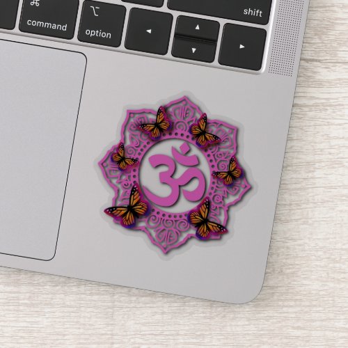 Pink ohm mandala design with Monarch butterflies Sticker