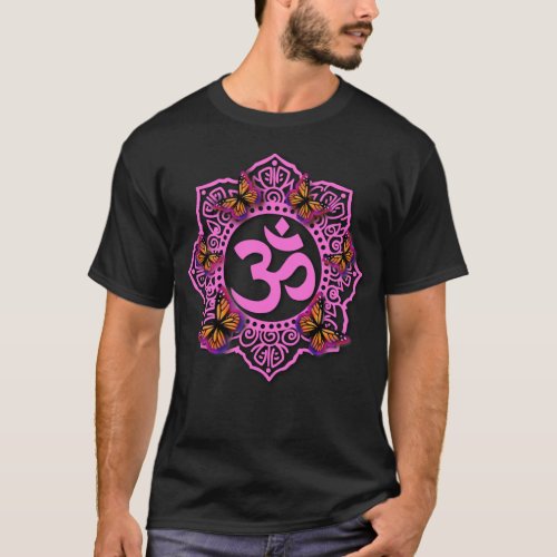 Pink ohm mandala design with Monarch butterflies T_Shirt